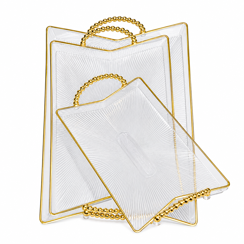 3 PCS CLEAR ACRYLIC SERVING TRAY SET WITH GOLD HANDLES