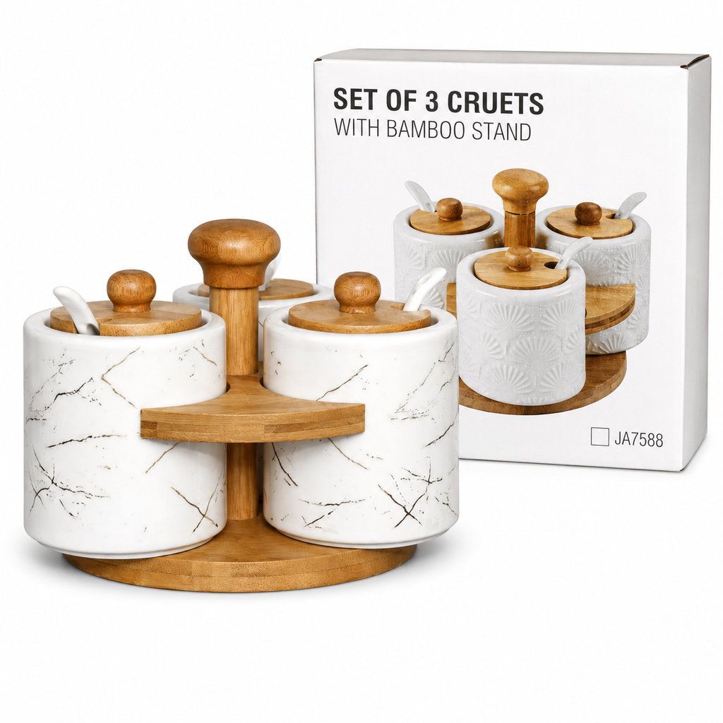 3 PCS CERAMIC CRUET SET WITH BAMBOO STAND
