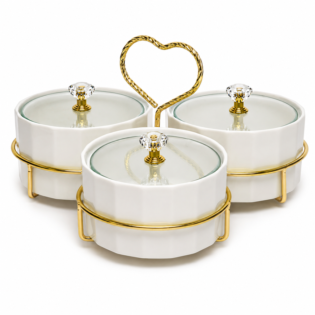3 PCS CERAMIC CONDIMENT SERVER SET WITH GOLD STAND